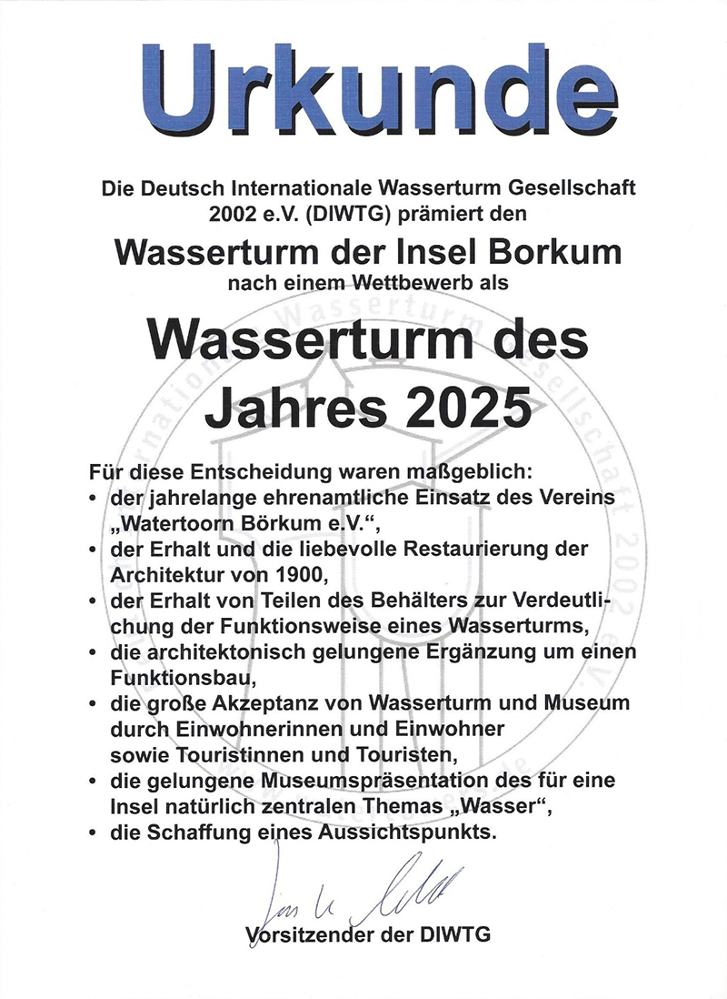 Urkunde Wasserturm Borkum – Wasserturm des Jahres 2025